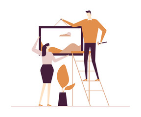 Couple hanging a picture - flat design style colorful illustration