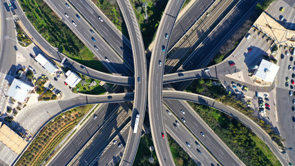 Aerial drone photo of highway multilevel junction interchange crossing road 