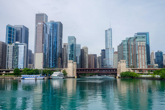 View of Chicago skyline from the boat in the Michigan lake, Chicago, Illinois 