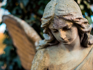 Picture of a sad angel close-up. Symbol of goodness, memory, help and love.