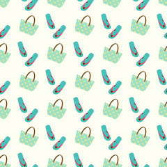 Flip flop print pattern. Seamless pattern with cute colorful sandals and beach bag.