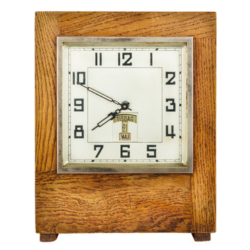 Vintage art deco table clock isolated on white