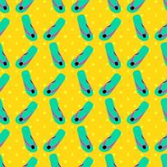 Flip flop print pattern. Seamless pattern with cute colorful sandals. Slipper pattern design on a yellow polka dot background. Summer texture vector background.
