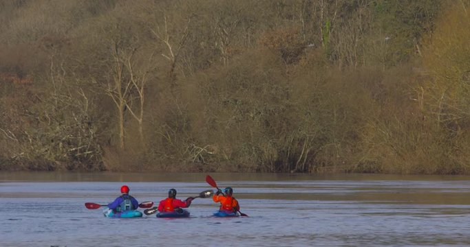 Kayak canoes on winter adventure river park trees wilderness