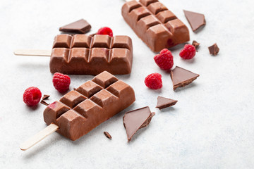 Chocolate ice cream (popsicles) with raspberry 