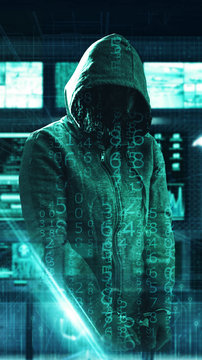 Internet crime concept. Hacker working on a code on dark digital background