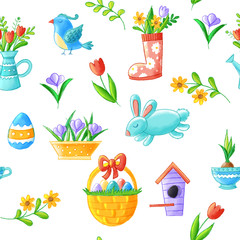 Hello spring seamless pattern with hand drawn elements - cute flowers, bird, bunny, easter eggs, watering can, nesting box, seasonal illustrations.  