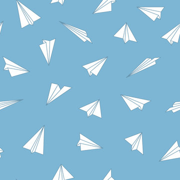 Vector seamless origami pattern with drawing paper planes. Decorative blue background 
