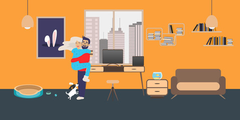 Modern interior design of Freelance WorkRoom with furniture, different constructor elements, desk, chair, couch, chair, lamp, painting, window, dasktop, happy family, dog. Vector illustration. 