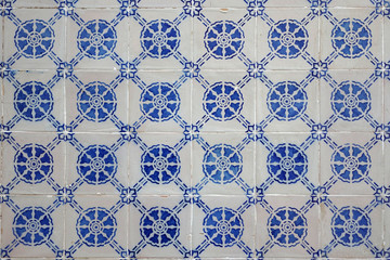 Old Portuguese Blue Azulejo Ceramic Tiles On A Wall