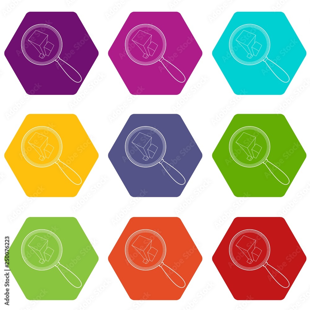 Poster Graph under magnifying glass icons 9 set coloful isolated on white for web