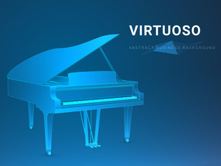 Abstract modern business background vector depicting a virtuoso in shape of an opened grand piano on blue background.