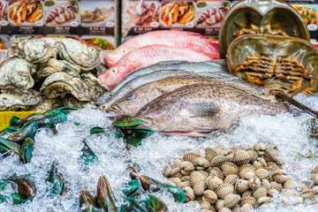 Closeup of fresh seafood for sale to the grill.