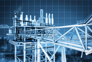 Blue screen computer scan oil rig building,3D rendering