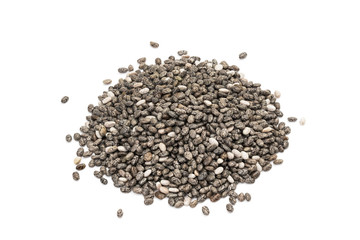 Small pile of chia seeds seen obliquely from above and isolated on white background