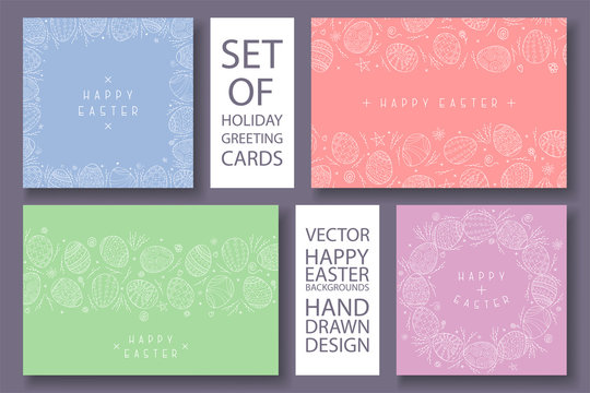 Set of vector happy easter colorful cards with hand drawn decorative elements. Holiday creative backgrounds.