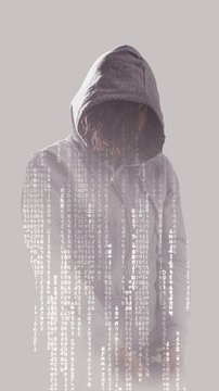 Internet crime concept. Hacker working on a code on dark digital background