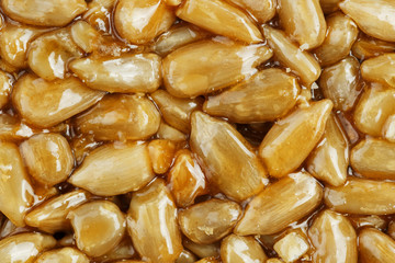 Kozinaki from golden, roasted sunflower seeds as a background, texture. Macro shooting,