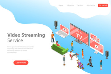 Isometric flat vector landing page template of smart TV, home entertainment, movie online, streaming.