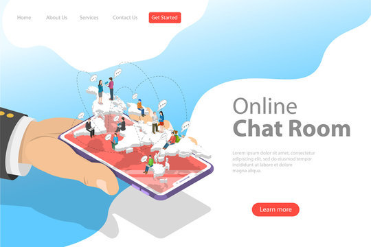 Flat isometric vector landing page template of live chat, social media network, digital communication, chatting.
