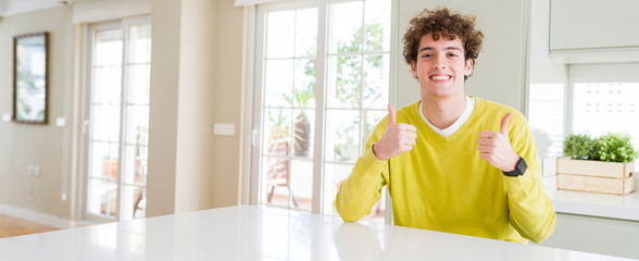 Fototapeta premium Wide angle shot of young handsome man at home success sign doing positive gesture with hand, thumbs up smiling and happy. Looking at the camera with cheerful expression, winner gesture.