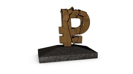 3D illustration of the symbol of the ruble which is cracked and falling apart. The idea of the collapse and inflation of the Russian currency in the fall of oil prices. 3D rendering.