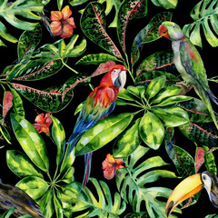 Watercolor seamless pattern of tropical leaves and birds. Toucan, scarlet macaw parrot and green Alexandrine parrot. Monstera leaves, schefflera or dwarf umbrella tree, croton plant painting.