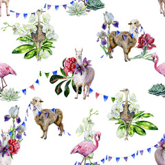 Watercolor seamless tropical pattern of alpaca, ostrich and cartoon llama with pasque-flower, peony, succulents, orchids. Exotic leaves of schefflera, croton, monstera. Use as wallpaper, textiles.