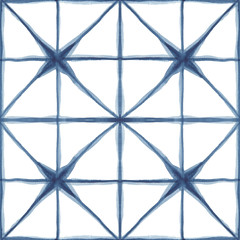 Fototapeta premium Seamless watercolor pattern shibori style with abstract indigo squares