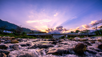 Sunset with sky and river at Kiriwong, Nakhon si tham at Kiriwong, Nakhon Si Thammarat Province, Thailand - obrazy, fototapety, plakaty