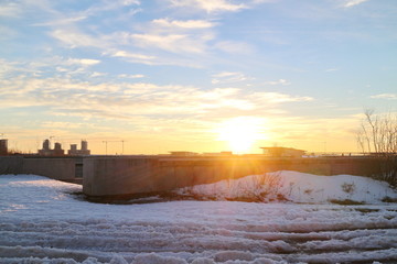 sunsets on the city coast in winter