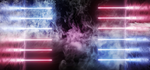 Smoke Fog Sci-Fi Futuristic Abstract Gradient Blue Purple Pink Neon Glowing Tubes On Reflection Concrete Floor Dark Interior Room Empty Space Spaceship 3D Rendering
