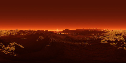 360 degree panorama of sunset on Mars, environment 360 HDRI map. Equirectangular projection, spherical panorama.
