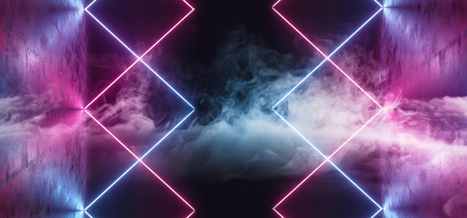 Smoke Fog Futuristic Sci Fi Purple Blue Pink Neon Tube Lights Glowing In Concrete Floor Room With Reflections Empty Space 3D Rendering