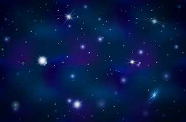 Blue deep space background with bright stars and constellations