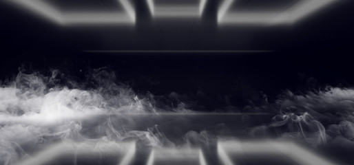 Smoke Sci Fi Modern Futuristic Dark Black Room With Reflections And Different Rectangle Shaped Neon Lights On The Ceiling reflected On Floor Empty Space 3D Rendering