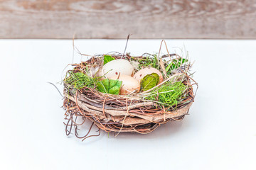 Easter decoration with egg in nest with moss on rustic white wooden background. Easter concept. Flat lay top view copy space. Spring greeting card