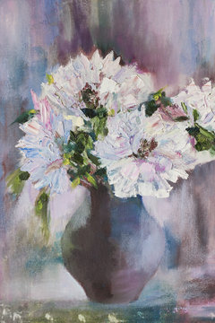 Still life a bouquet of flowers. Oil painting light peonies in vase. Hand oil painting on canvas