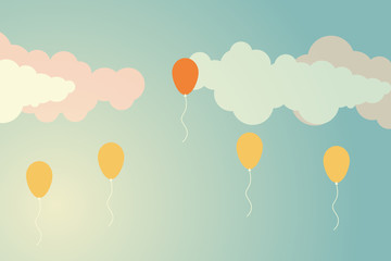 Minimalist retro style. Stand out from the crowd and different concept , One balloon flying away from other balloons