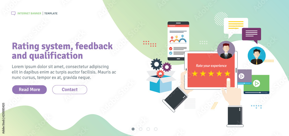 Poster rating system, feedback and qualification. rating system on tablet screen with stars. flat design fo
