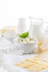 Variation of dairy products on white