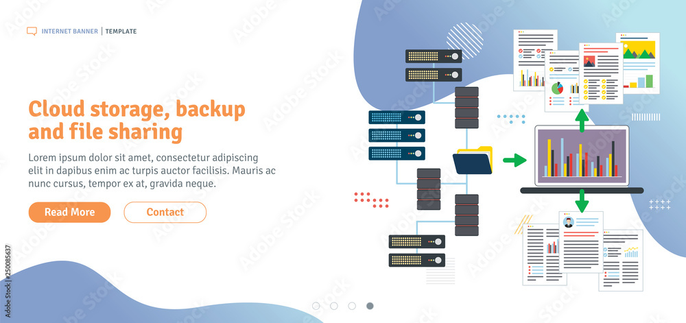 Poster cloud storage, backup and file sharing. data server access, file access and data sharing. flat desig