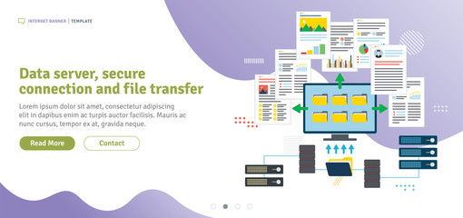 Data server, secure connection and file transfer. Cloud storage, backup and file sharing. Data server access, file access and data sharing. Flat design for web banner in vector illustration.