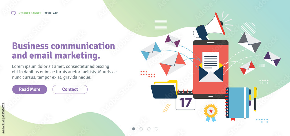 Poster business communication and email marketing. app inbox, send or receive email in smartphone .template