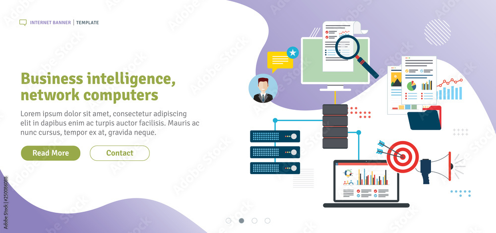Poster business intelligence, network computers, cloud computing and data network. laptop accessing server 