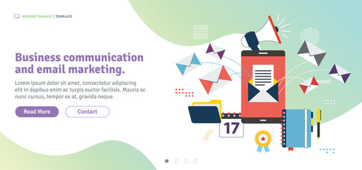 Business communication and email marketing. APP inbox, send or receive email in smartphone .Template in flat design for web banner or infographic in vector illustration.