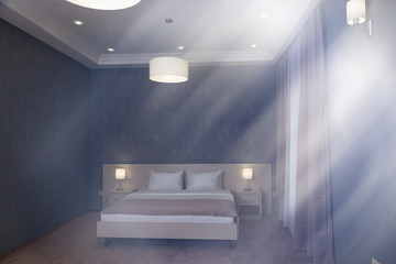 The double bed in the hotel room has a stylish interior. Lamps with lampshades.