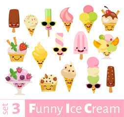Vector set of funny food emoji icons of ice cream