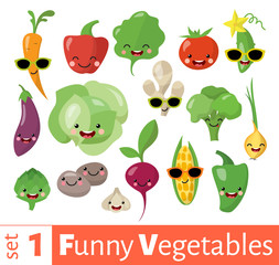 Vector set of cute funny emoji vegetables food icons. 