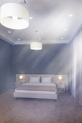 The double bed in the hotel room has a stylish interior. Lamps with lampshades.